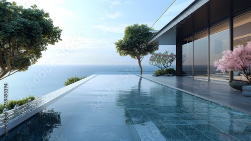 Luxurious home with an open plan living area leading to a beautiful pool with a great view © toomi123