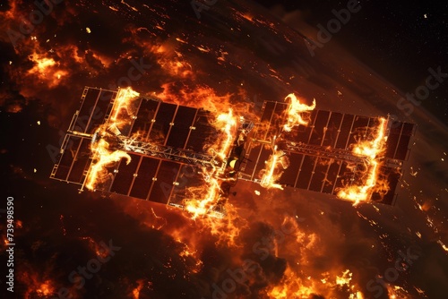 Satellite Aflame in Orbit - An artist's portrayal of a satellite caught in a blaze, suggestive of technology's fragility or a metaphor for information overload.