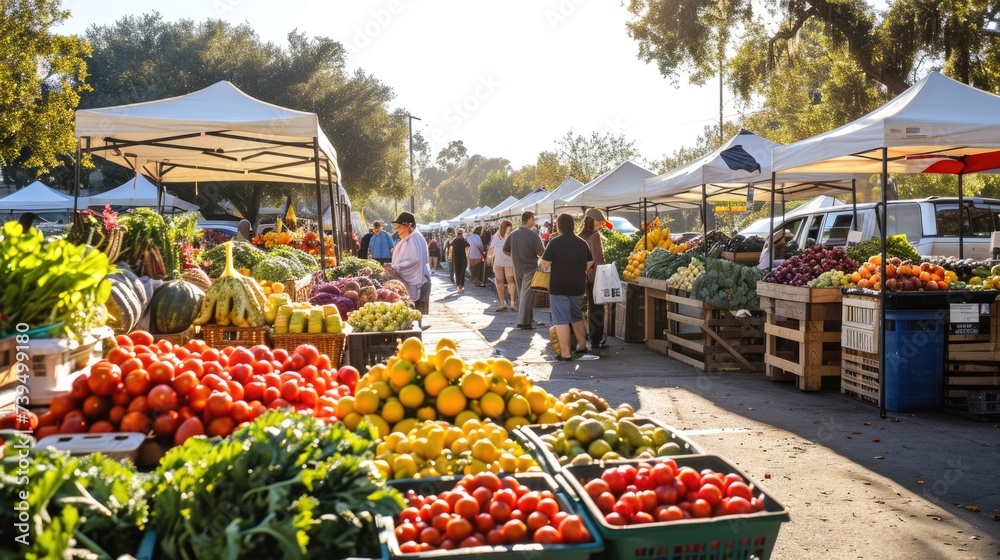 An early morning farmers market scene, bustling with vendors and customers, fresh produce on display, capturing the essence of local commerce and community. Resplendent. - obrazy, fototapety, plakaty 