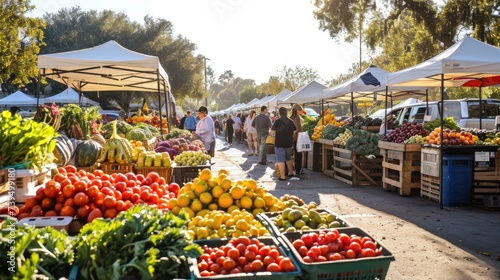An early morning farmers market scene, bustling with vendors and customers, fresh produce on display, capturing the essence of local commerce and community. Resplendent. photo