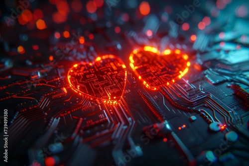 Circuit board cyber network connects two hearts, symbolizing love science