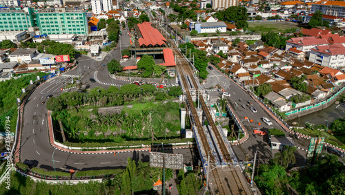 aerial view of the streets of Malioboro Yogyakarta city close to Tugu train station