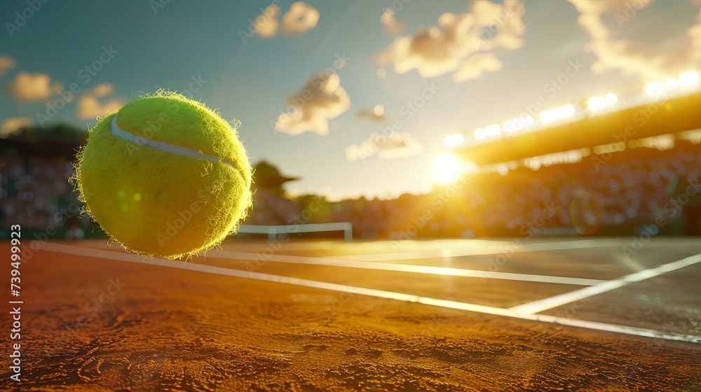 close-up of tennis ball, sunset in background