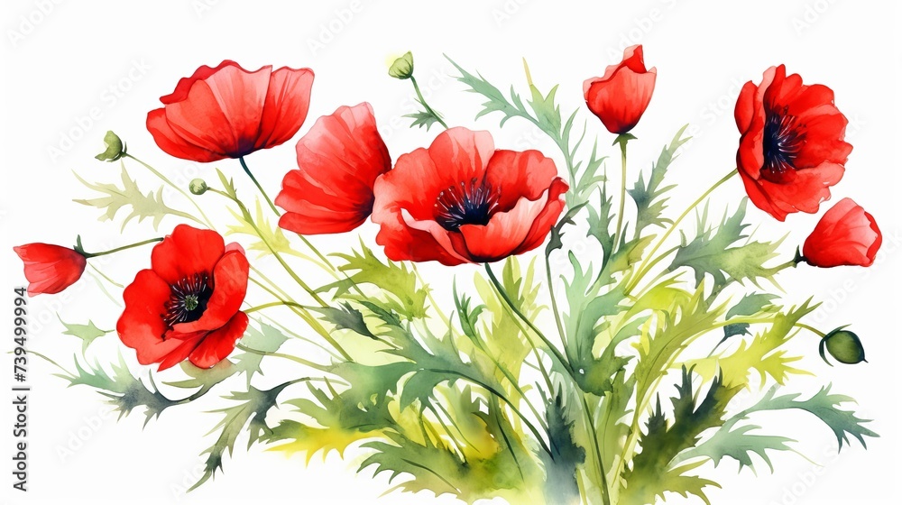 Fototapeta premium Beautiful bouquet of red poppy flowers with leaves on blurred background. Watercolor painting. Hand painted floral illustration. Design for greeting card