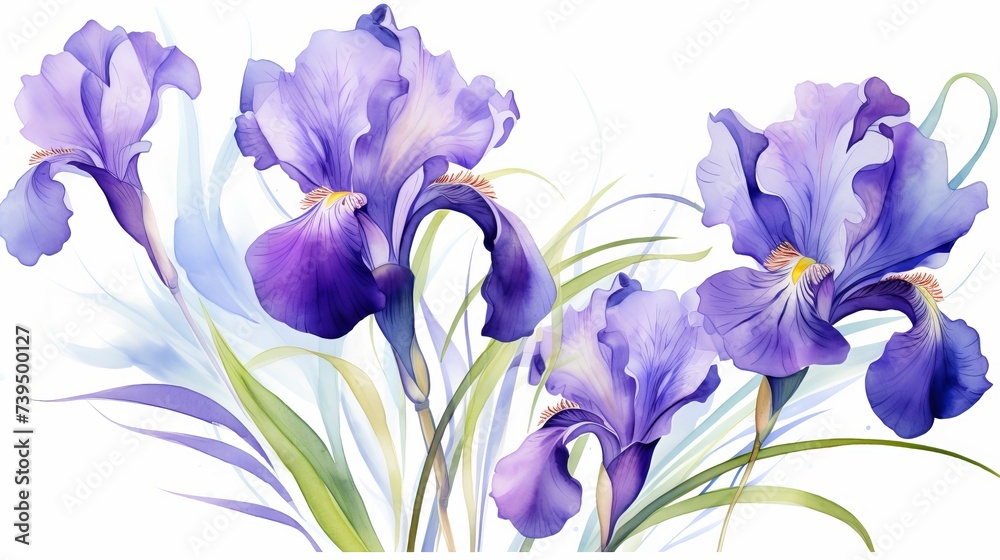 Beautiful iris flowers with leaves on blurred background. Watercolor painting. Hand painted illustration. Design for fabric, wallpaper, greeting card