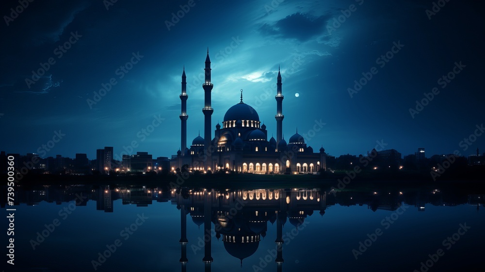 Fototapeta premium Beautiful mosque illuminated in the soothing blue moonlight. A Ramadan moon and the mosque. Photo of crescent for the occasion of Eid ul fitr