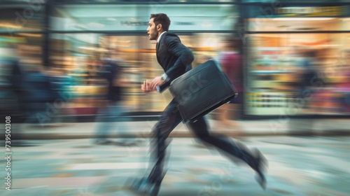 full lenght Blurred motion of Energetic business man, he is running with carrying a briefcase to a business meeting. Competition concept.