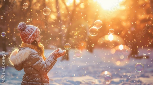 Girl playing in a snowy park with soap bubbles at sunset. Fun and vacations in winter.