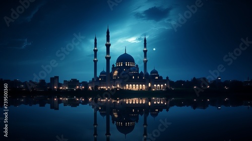 Beautiful mosque illuminated in the soothing blue moonlight. A Ramadan moon and the mosque. Photo of crescent for the occasion of Eid ul fitr