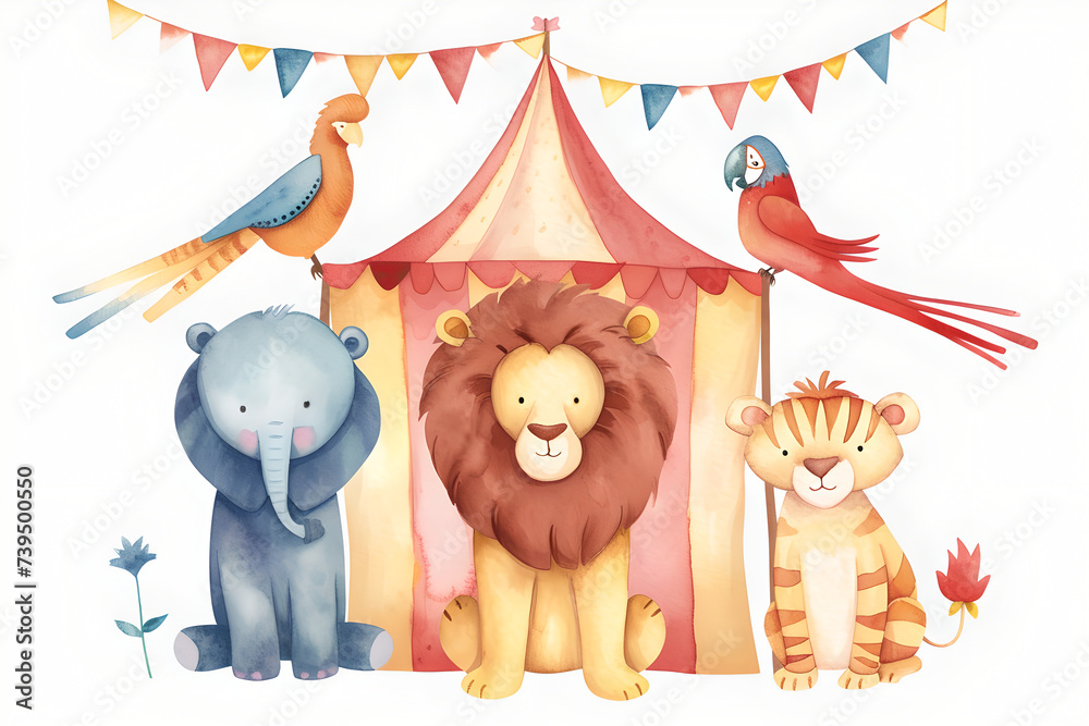 Animals tiger, elephant, lion, and parrot on background stripes tent of circus for show and childish entertainment. Circus canopy performance. Watercolor illustration - obrazy, fototapety, plakaty 