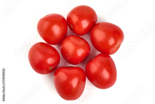 Ripe fresh tomatoes, close-up, isolated on white background.