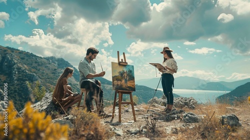 in a mountain overlooking the sea an old painter and a 18 year old girl are painting with easels while a 20 year old guy is posing as if he is fighting like a centaur,  photo