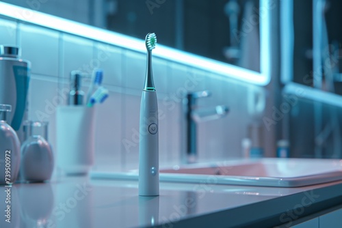 Electric Toothbrush in Modern Bathroom - A sleek electric toothbrush stands out in a contemporary bathroom setting, highlighting the importance of oral hygiene. photo