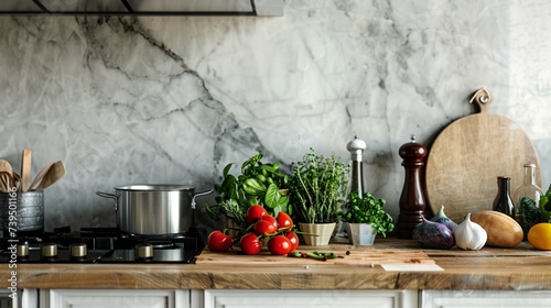 Marble of a kitchen with a wooden board, cooking utensils and organic products, vegetables and healthy food. © Amer