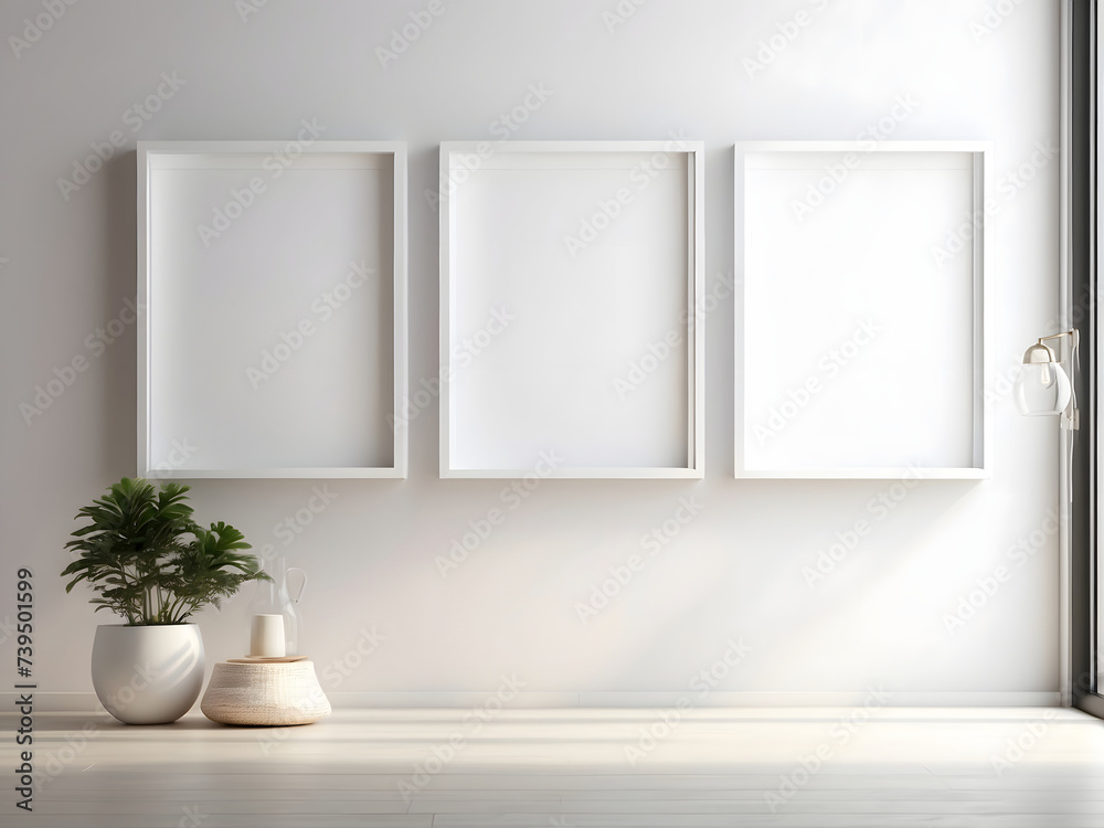 An empty white studio space with three poster frames standing on a spotless wall would provide a great backdrop for a mockup image design. An empty white studio space with three poster frames standing on a spotless wall would provide a great backdrop for a mockup image design.
