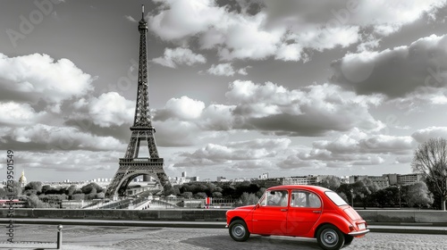 composed artistic image featuring the iconic Eiffel Tower in Paris, France, with a charming red retro car