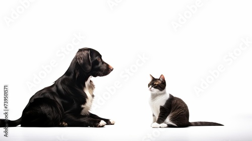 Cat and dog sitting in front and looking up. isolated on white background