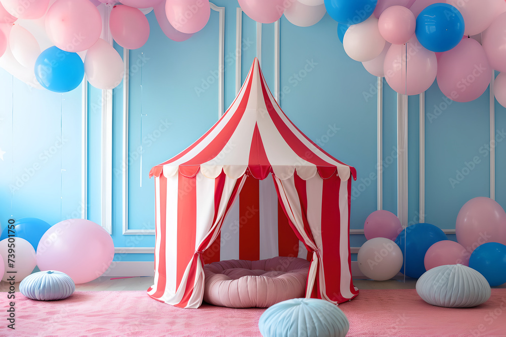 Fototapeta premium Stripes tent of circus children's room for show and childish entertainment. Circus canopy performance at home