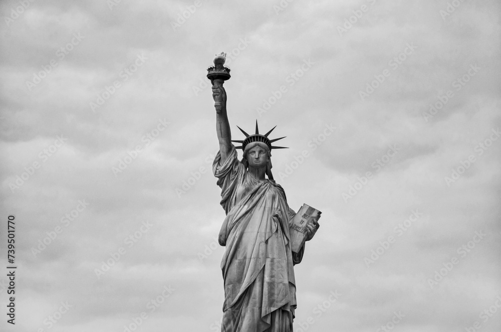 Fototapeta premium Statue of Liberty on the background of sky, New York City. Black and white image.