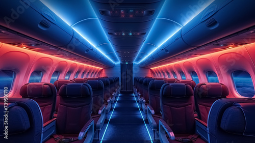 Aircraft interior design, cabin materials, seats, lights of the cabin, empty cabin of plane