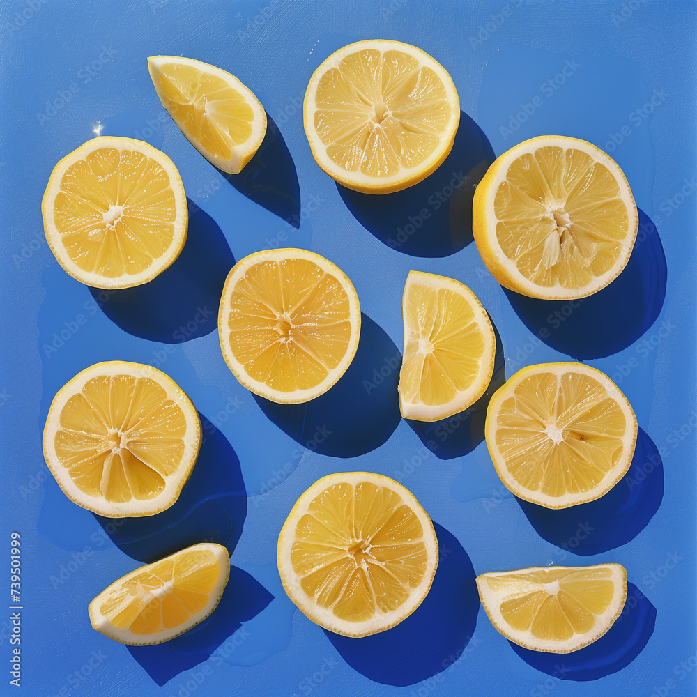 Sliced Lemons on Blue Textured Background