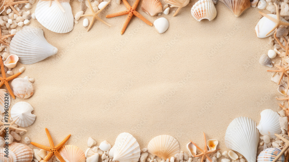 Fototapeta premium Summer holidays background with frame and shells