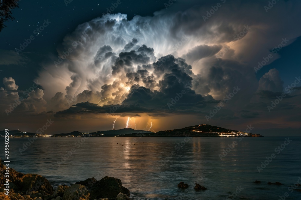 Lightning illuminates storm clouds over a serene sea and a distant illuminated island.