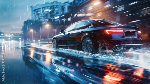 modern car smoothly navigating through the rain, with droplets glistening on its surface, capturing the essence of a rainy day drive