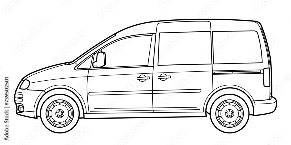 Classic compact family van car. Side view shot. Outline doodle vector illustration