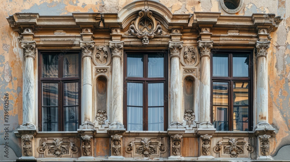 old windows adorned with intricately carved architraves, gracing a historic building