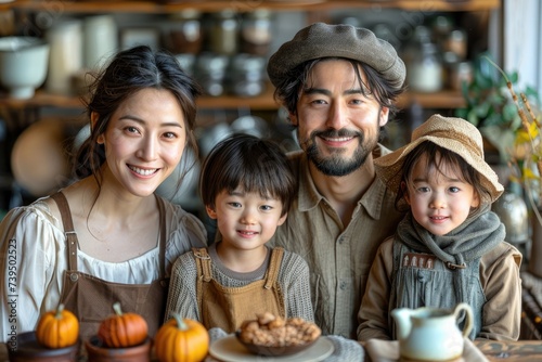 Portrait of smiling Asian family looking at the camera. 