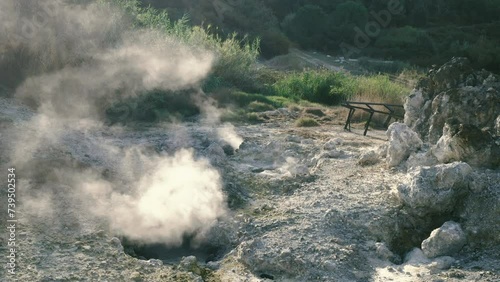 Larderello Fumaroles Enigmatic Infernal Landscape, Sasso Pisano Pomarance, Tuscany, Italy drone aerial view photo