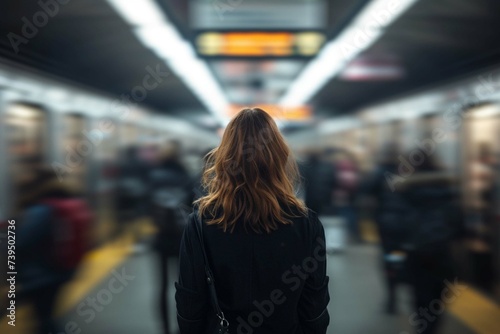 Woman from behind standing at busy subway with blurry people around. Public transport people travel commute city urban concept