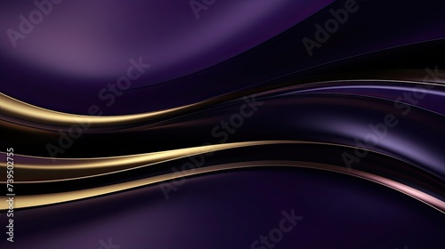 Elegant 3D abstract background dark purple curved shapes with gold lines over black