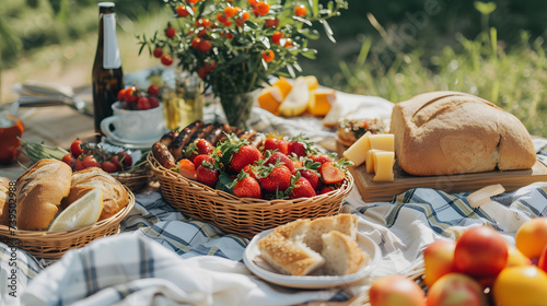 Summer Picnic Spread with Fresh Strawberries and Artisan Bread on Checkered Blanket