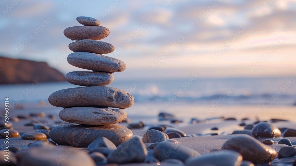 Serene stones balanced on a sandy shore, evoking tranquility - obrazy, fototapety, plakaty 