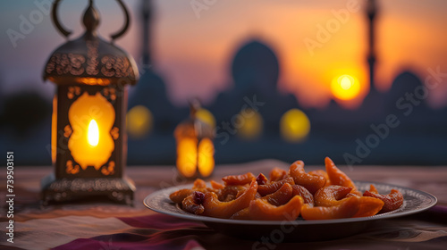Ramadan Lanterns on a Table with Sunset and Cityscape Background