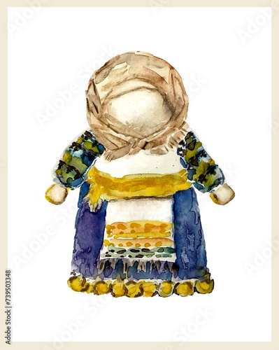 Ukrainian folk doll motanka, watercolor illustration