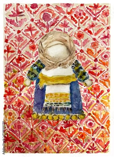 Ukrainian folk doll motanka, watercolor illustration