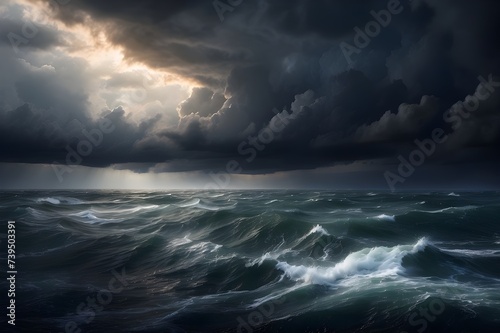 A stormy ocean with rough waves and dark clouds above. The sun's rays shine through the clouds, creating a dramatic effect.