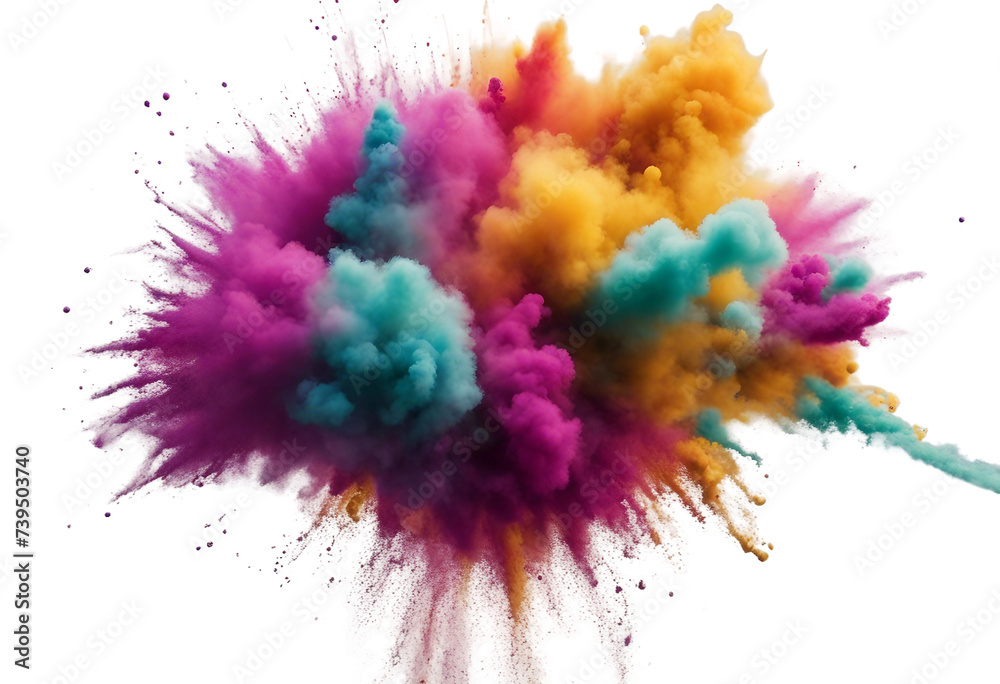 Colored powder explosion Abstract closeup dust on backdrop Colorful explode Paint holi isolated on transparent background