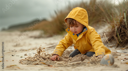  Toddler in a yellow raincoat plays with sand on a beach, with dune grass and cloudy sky backdrop.