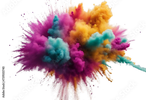 Colored powder explosion Abstract closeup dust on backdrop Colorful explode Paint holi isolated on transparent background