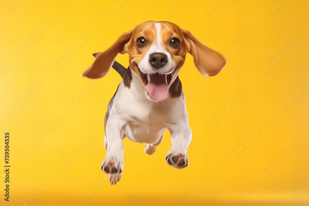 Joyful Beagle Mid-Air Leap on a Sunny Yellow Banner Background: Pure Elation Captured