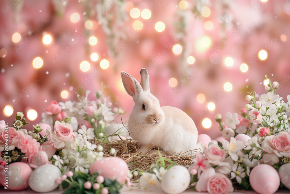 Easter composition with little cute baby bunny and colorful spring flowers.
