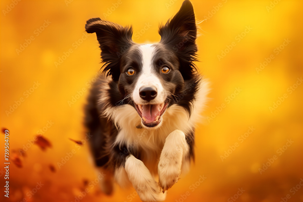 Exuberant Canine Joy: A Banner of Autumn Bliss in Mid-Leap against a Golden Backdrop