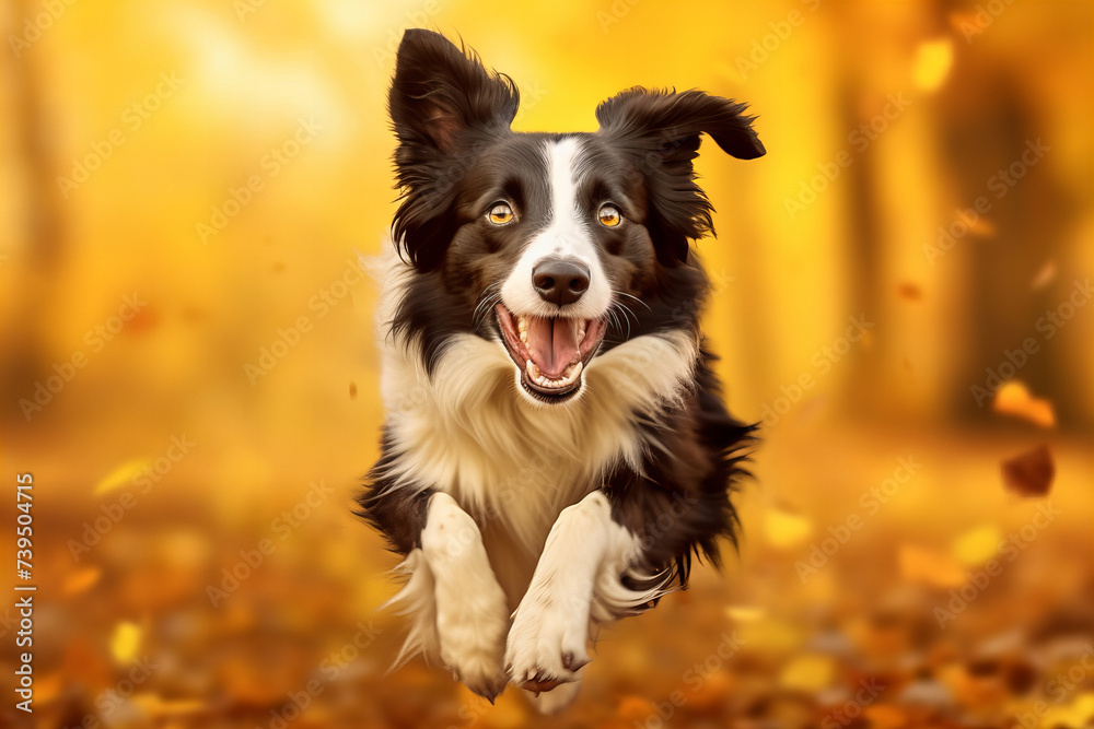 Autumns Joyful Ambassador: Exuberant Dog Leaps Amongst Golden Leaves Banner