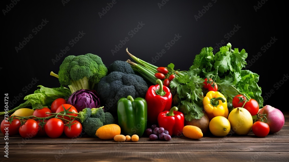 Heap of fresh fruits and vegetables on wooden background Heap of fresh fruits and vegetables on wooden background