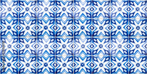 Detail texture of blue and white wall tiles typically for Portuguese cities like Porto or Lisbon