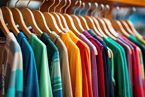 Colorful clothes on hangers in a shop. Shirts, T-shirt, Sweatshirt display. Clothes shop. Clothing store.